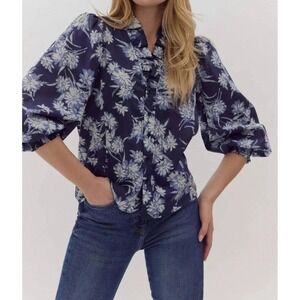 Entro Ruffle Neck Floral‎ Top Navy Size S Balloon Sleeve Button Up